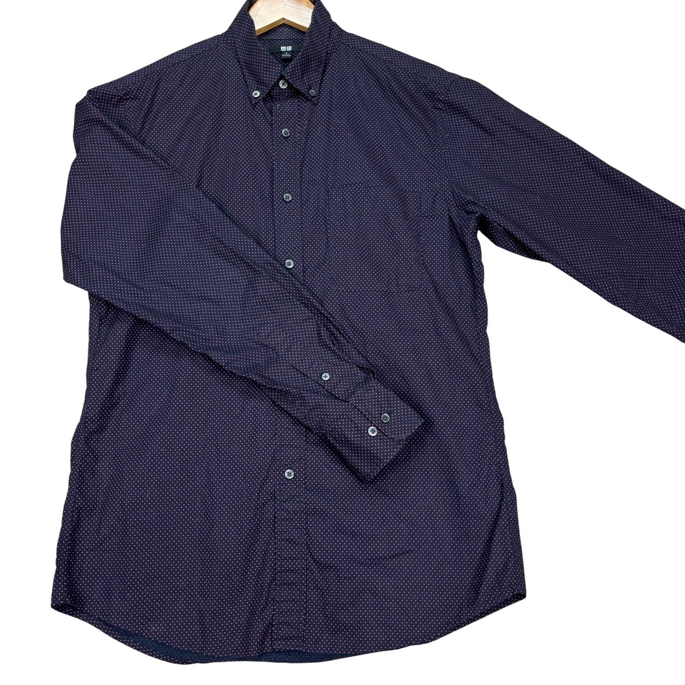 Uniqlo Button Down Shirt Mens Small Navy Red Polka Dot Long Sleeve Pocket EUC
